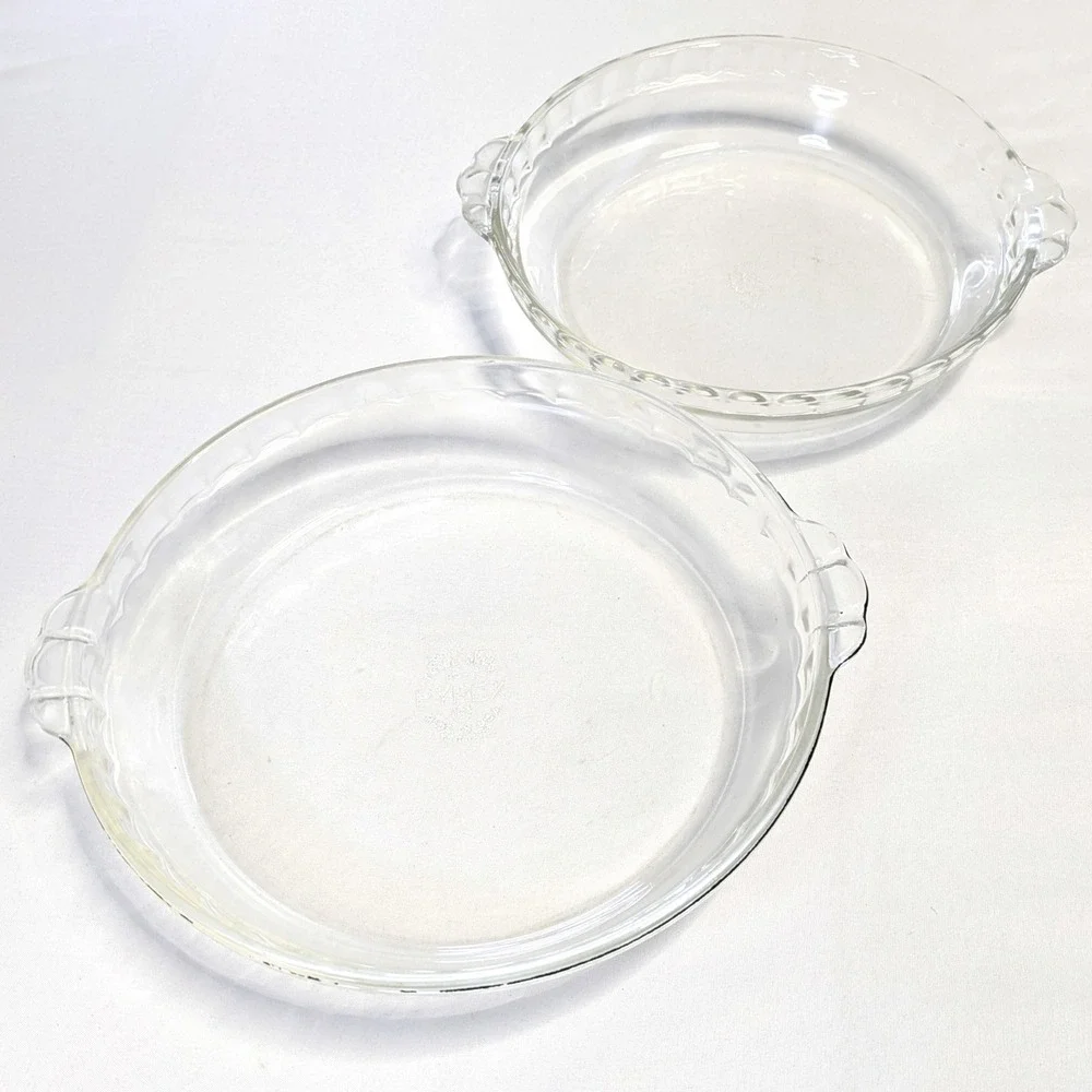 Vintage Pyrex Clear Glass Pie Plate Set 228 8.5in and 229 10in Scalloped Edge